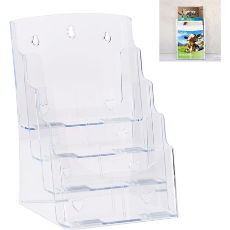 Relaxdays Prospectus Holder A4 / DIN Long, 4 Tiers, Acrylic, Flyer Display, Table or Wall, HWD: 35x24.5x24cm, Clear (1/5)