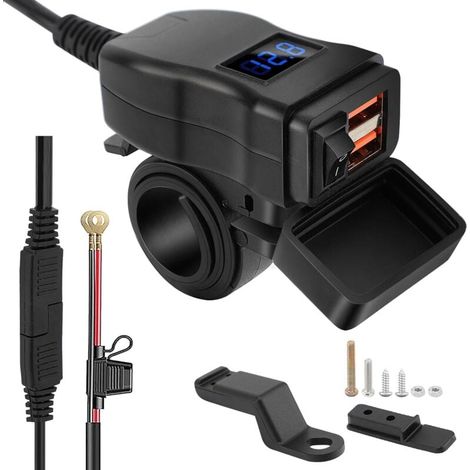 Toma USB para motocicleta, cargador de coche con dos puertos USB, resistente al agua, carga rápida con interruptor, 12-24 V, para motocicleta, barco, caravana (azul) (1/4)