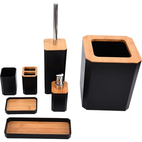 Ensemble d'accessoires de salle de bain en bambou (7 pièces) : boîte à savon et porte-brosse à dents, pour la maison ou l'hôtel (noir). (1/5)