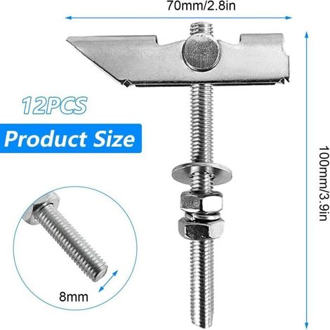12 Pièces M8 Chevilles a Bascule Poids Lourd en Acier Galvanisé au Carbone, Chevilles à Ressort, Fixation Plafond, pour Suspendre des Objets Lourds sur des Cloisons Sèches (1/3)