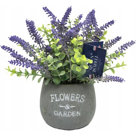 Planta de lavanda artificial con follaje en una maceta de cerámica. (1/5)