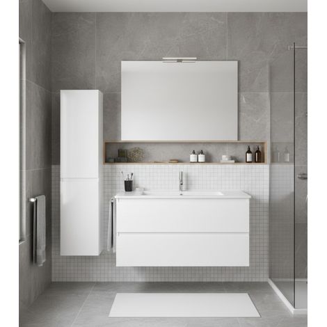 Conjunto Mueble de baño LOKI ya montado 2 cajones con patas, lavabo y espejo  Blanco brillo 70x40 cm Con columna (1/2)