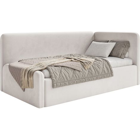 Selsey Fanko – Jugendbett 90x200 cm mit Rausfallschutz, Matratze, Kopfteil rechts, Samt, Hellbeige (1/5)