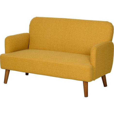 Velvet Feel Fabric 2 Seater Sofa, Small Sofa Loveseat with 21cm Thick Padding Wood Legs, Yellow (1/5)