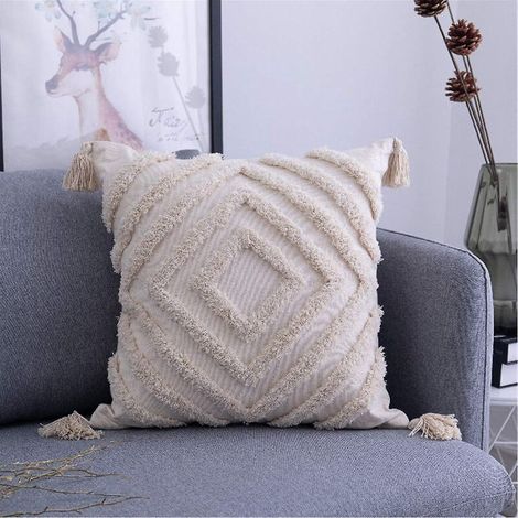 Housse de coussin décorative bohème à capitonnage, carrée ou rectangulaire beige (1/5)