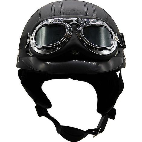 Casque de moto d'été léger en cuir style rétro Harley, avec lunettes de protection, demi-casque tendance, pour véhicules électriques, noir (1/3)