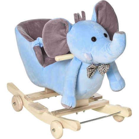 Éléphant à bascule bleu dès 18 mois avec roues et musique 60x35x45 cm, jouet enfant design sobre pour motricité pratique et sonore