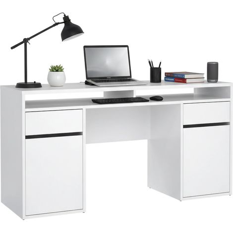Dmora - Schreibtisch Dina, Mehrzweckschreibtisch, Bürotisch für PC, Eckschreibtisch, 149x48 h77 cm, Glänzendes Weiß
