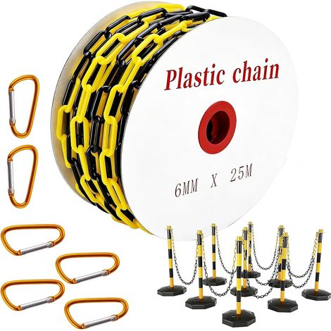 Chaîne de signalisation en plastique 25 m, jaune et noir, 6 mm, chaîne de signalisation en plastique, avec 6 mousquetons, pour barrières dans les allées, les lieux de travail et les garages (1/5)