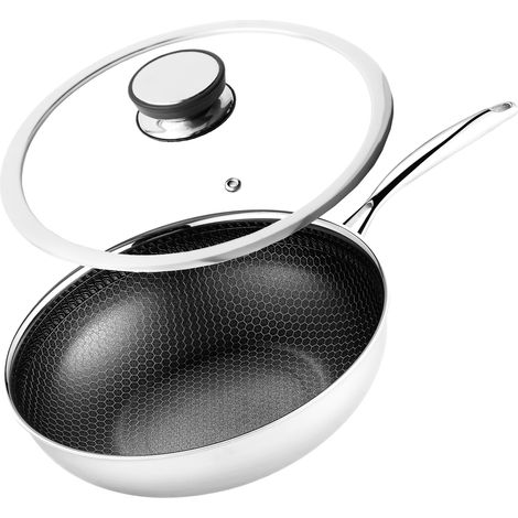 Sartén wok profesional Mitsu de 30 cm con tapa, diseño de panal, apta para inducción y gas, y fabricada en acero inoxidable. (1/5)