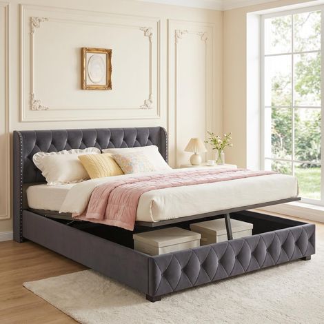 Lit Coffre 140x190 cm Velours Gris Foncé - Tête de Lit Capitonnée, Sommier Inclus - Design Scandinave, Système Hydraulique