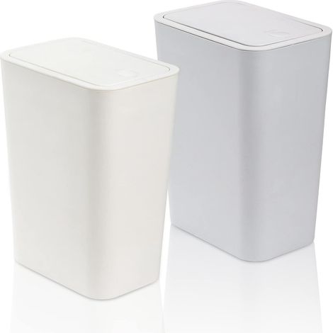 Set di 2 pattumiere in plastica da 7,5 litri con coperchi a scatto, ideali per cucina, bagno, soggiorno, ufficio e spazi ristretti (bianco + blu) (1/4)