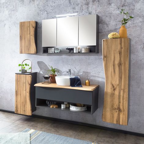 Badmöbel Set in anthrazit und Wotan Eiche Nb. mit Baumkantenoptik KAHLA-03 LED Spiegelschrank und Keramik Waschbecken, B/H/T: ca. 216/200/52 cm (1/5)