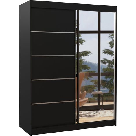 Armoire de chambre 2 portes coulissantes 1 noir et 1 miroir Limka 150cm (1/5)