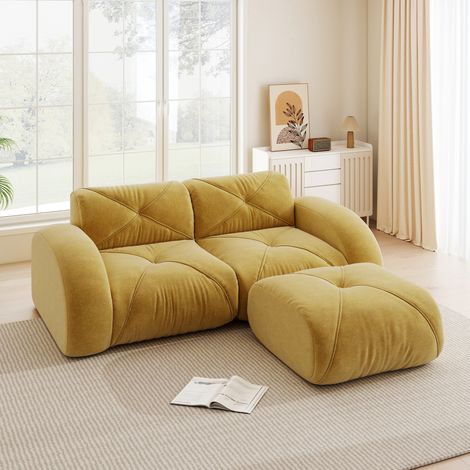 Sofá modular de 2 plazas con puf, chenilla amarilla, espuma 32D, 204 x 171 x 76 cm (1/5)