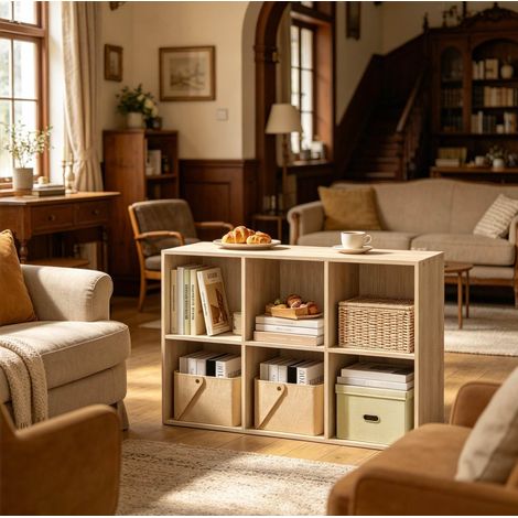 Libreria a cubi 59.6x29x89 cm rovere in legno ingegnerizzato con 6 scomparti e fissaggio antiribaltamento (1/4)