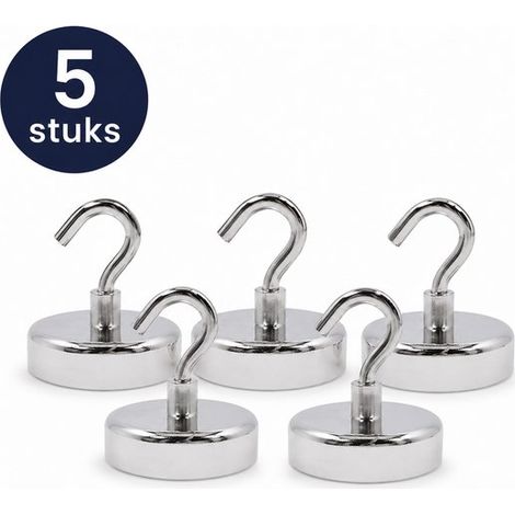 Lot de 5 crochets magnétiques – Néodyme – Rotatif 360° – Argent – Cuisine, garage, bureau (1/5)