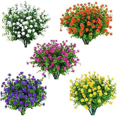 Lot de 15 bouquets de fleurs artificielles d'extérieur, arbustes en plastique synthétique résistants aux UV, pour vase d'intérieur (1/4)