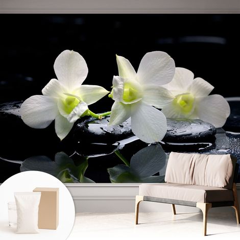 Fototapete - Tapete Vliestapete mit Kleber - Wandtapete Moderne Wandbild Schlafzimmer Wohnzimmer Blumen und Steine 312x219 cm
