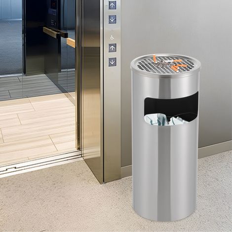 30L Indoor/Outdoor Stainless Steel Trash Bin With Stand Ashtray For Hotel Office