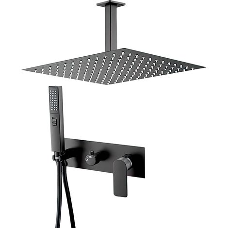 VALAZ Ducha empotrada monomando cuadrada a techo negro mate serie Miño - 40cm (1/2)