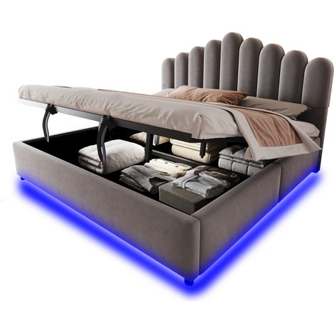 Lit coffre 180 x 200 cm capitonné en velours gris, tête de lit généreuse, LED multicolore, sommier à lattes et rangement hydraulique pour chambre moderne – CHICFURN (1/5)
