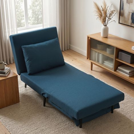 Fauteuil Convertible 1 Place, Fauteuil-Lit Clic-Clac 3 en 1 avec Dossier Réglable, Oreiller, Assise Large, Bleu (1/5)
