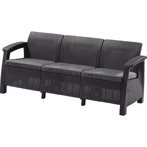Keter – Canapé de jardin 3 places Corfu en résine tressée – Ergonomique et léger – Idéal pour terrasses et vérandas – Couleur gris