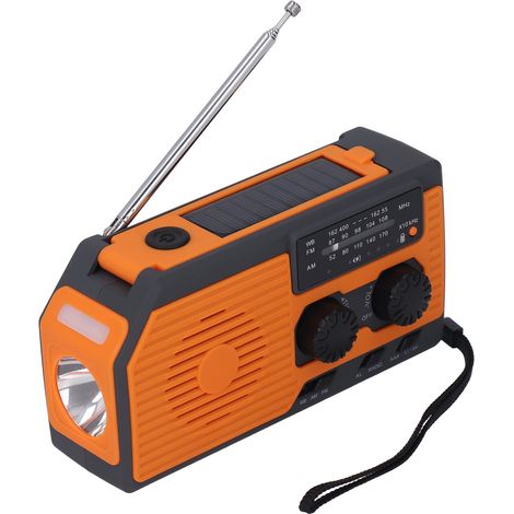 Tragbares Radio mit Solarstrom, Notladegerät, LED-Taschenlampe, IPX3-Wasserschutzklasse, Handkurbel, 5000-mAh-Akku, orange, US-Version. (1/5)