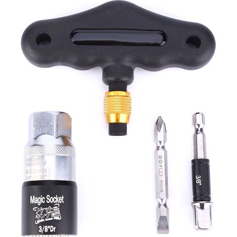 Set de 4 douilles universelles 9-21mm avec clé en T, adaptateur pour perceuse électrique et embouts double tête, noir. (1/5)