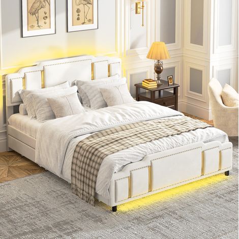 Cama dormitorio tapizada doble con 4 cajones LED beige OKMYHOME (1/5)