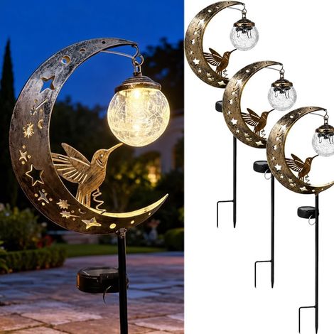 Estaca metálica impermeable, iluminación LED blanca cálida para jardín, lámpara solar de jardín con forma de colibrí y luna, con estaca, para césped, decoración AWN (1/5)