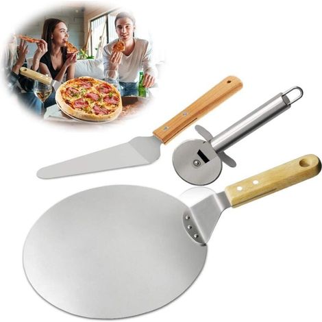 3pcs Roulette pizza, Pelle à pizza, Pelle à gâteau en Acier Inoxydable Manche en bois , Idéal pour Tarte, Pizza ou Gâteau,-- (1/5)