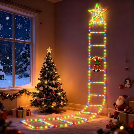 Guirlande Lumineuse Échelle avec Père Noël, 2,7 m,Père Noël grimpant pour l'extérieur,échelle à 12 marches avec étoiles blanches et LED 4 couleurs,8 modes d'éclairage, télécommande USB (1/5)