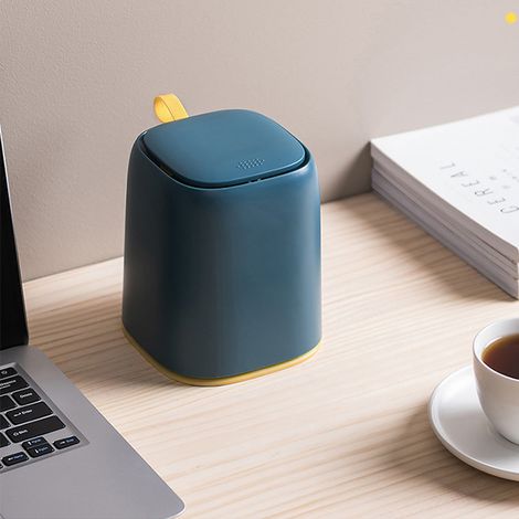 Tablette de bureau poubelle à pression avec couvercle, corbeille miniature pour salle de bain, rangement de table de maquillage, poubelle de bureau, bleu foncé (1/5)
