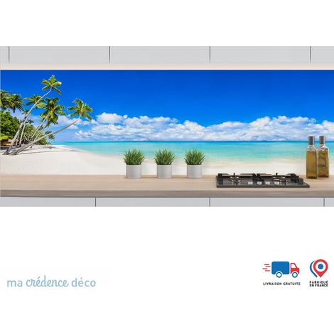 Crédence : Palmiers et plage paradisiaque 3 - Couleur Vert gris - Alu composite - 60 - 120 (1/3)