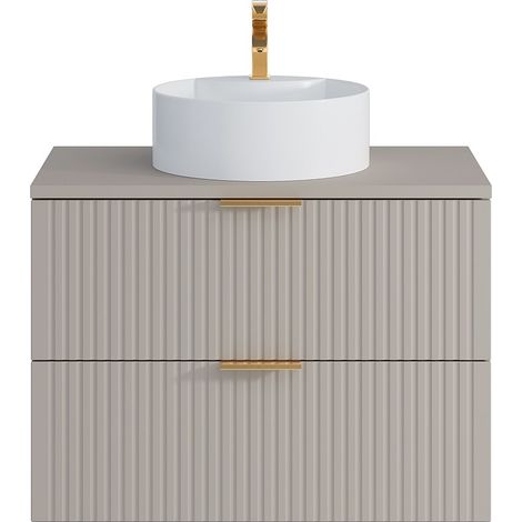 Mobile per bagno sospeso con scanalature e lavabo da appoggio tondo 80 cm Beige - ZEVARA (1/4)