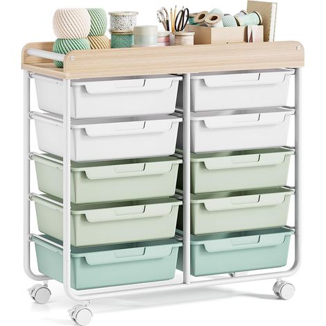 Meuble à roulettes en plastique avec 10 tiroirs, Vert chariot à roulettes avec plateau en bois, chariot de rangement pour salle de bain, cuisine, salon et chambre à coucher (1/5)