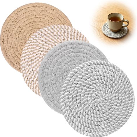 Dessous de Plat Rond Tressé en Coton, Lot de 4 Dessous de Verre Style Nordique pour Tasse, Bol, Assiette et Casserole, Protection de la Table Contre la Chaleur, Gris Kaki (1/5)