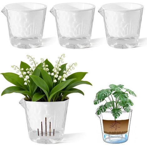 4 Pcs Pots de Fleurs en Plastique, 18cm Pot de Fleurs Auto-Arrosant,Pots de Plantes avec Trous De Drainage et Réservoir d'eau Amovible pour d'Intérieur d'Extérieur Jardins de Balcon, Blanc (1/5)