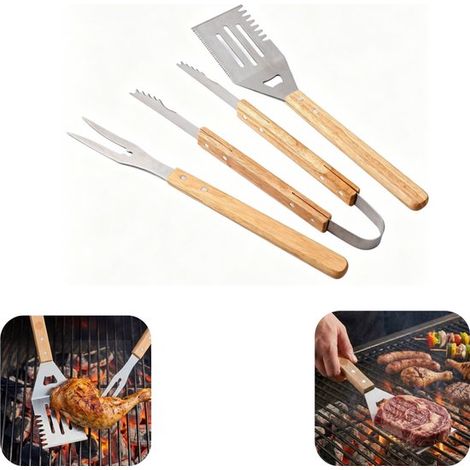 Set de barbecue 3 pièces en métal - pince, spatule et fourchette à barbecue avec poignée, argent, tailles assorties (1/5)