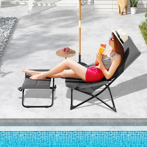 Chaise de Patio Pliante avec Repose-pied Chaise Longue Portable avec Repose-pied Coussin Amovible Chaise de Plage Inclinable Gris (1/3)