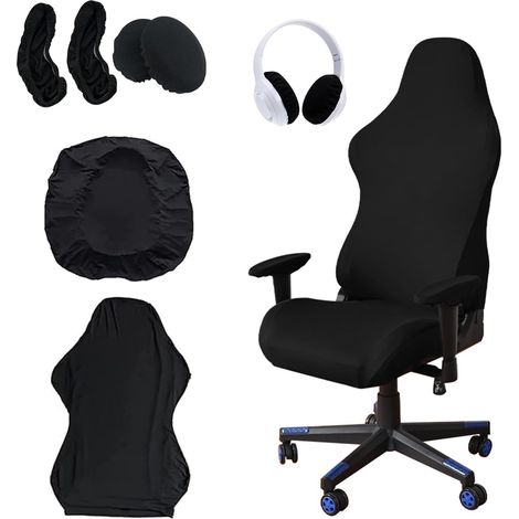 JSSEVN - Juego de 6 fundas para sillas gaming con reposabrazos extensibles, extraíbles y lavables - Negro (1/5)