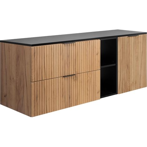 Set da bagno: mobile con cassetti, mobile con ante e ripiano 57×46×140 cm, colore: Rovere Craft / nero, maniglia nera (1/5)