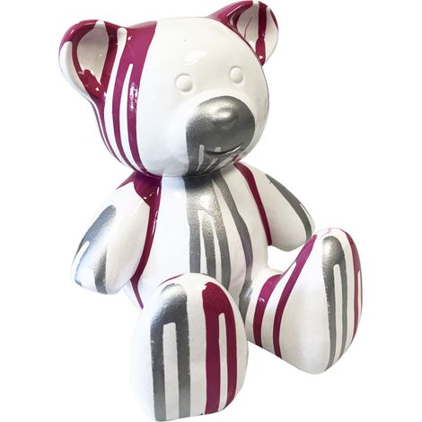 Statue en céramique Ourson blanc coulures rose et argent 23 cm (1/3)