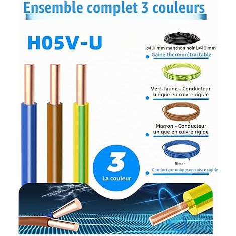 H05V-U 0.75mm² Kit 3 Colours, 3 x 10 m PVC insulated single strand copper rigid wire, blue, brown and green-yellow, with sheaths included (1/4)
