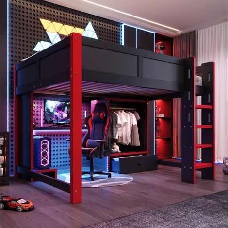MODFU – Lit mezzanine adulte 140x200 cm pin, MDF et contreplaqué – Bureau gaming, rangements et LED RGB – Charge 120 kg, 3 colis – Chambre – Noir et rouge (1/5)