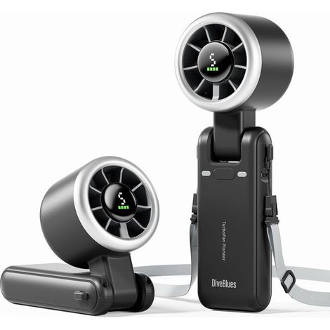 Ventilateur portable à main, ultra rapide (10 m/s), 5 vitesses, batterie rechargeable, autonomie jusqu’à 12 h, ventilateur de poche avec technologie turbo, idéal pour extérieur et voyage, couleur noir (1/5)