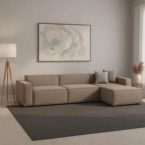 Dmora - Canapé fixe Dmaiol, Canapé modulable 4 places avec péninsule droite, 100% Made in Italy, Canapé moderne en tissu, Cm 340x170h70, Tourterelle (1/5)