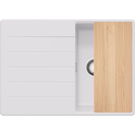 PRIMAGRAN Evier Cuisine en Granit 70x50cm, Lavabo 1 bac + Kit de Vidage + Planche à Découper, Évier à Encastrer au meuble 40cm - Copenhague, Blanc (1/5)